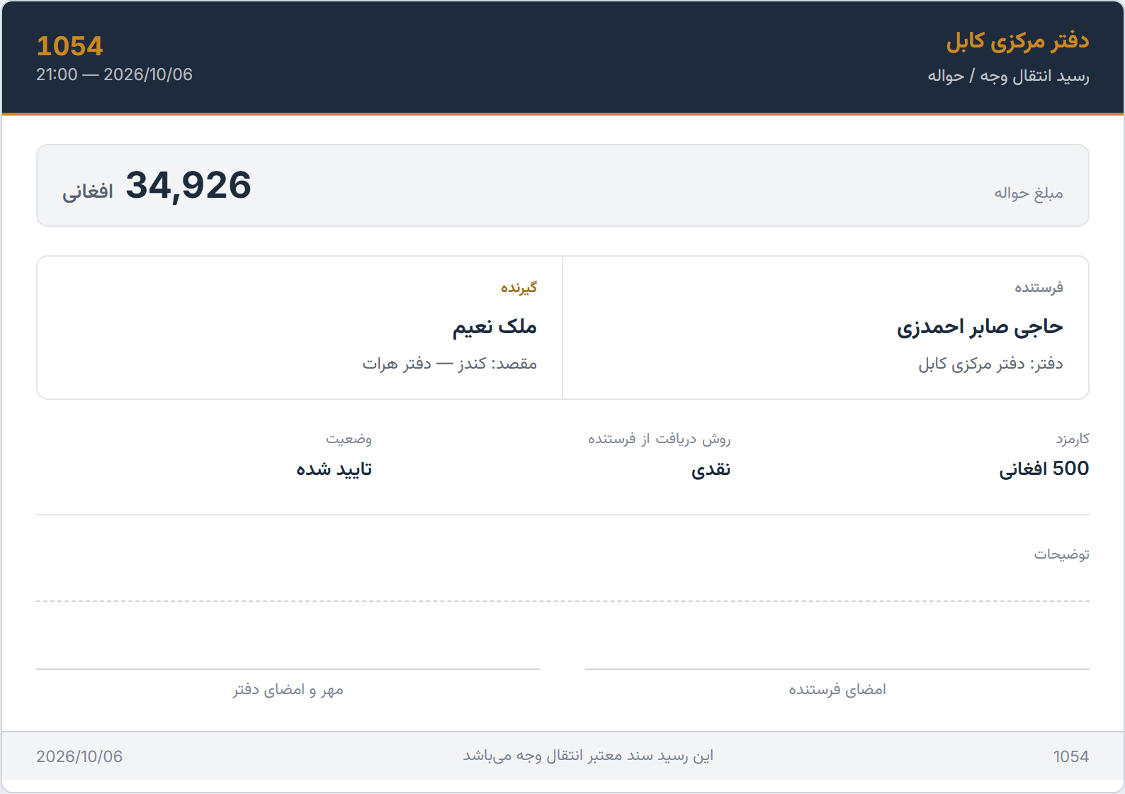 رسید چاپی حواله شماره ۱۰۵۴ با مبلغ، فرستنده، گیرنده، کارمزد و محل امضا